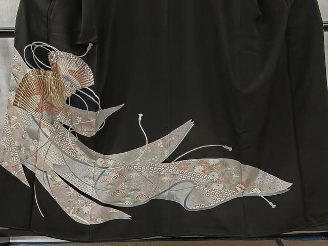 平和屋着物■豪華黒留袖　刺繍　扇面草花文　銀彩　正絹　逸品　CABK0205ua