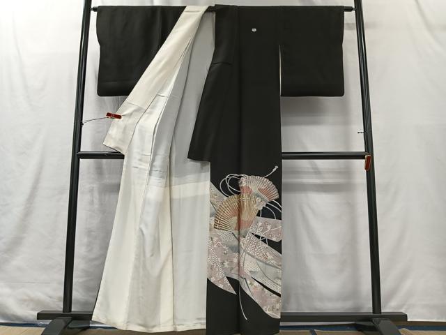 平和屋着物■豪華黒留袖　刺繍　扇面草花文　銀彩　正絹　逸品　CABK0205ua