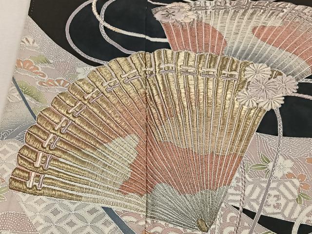 平和屋着物■豪華黒留袖　刺繍　扇面草花文　銀彩　正絹　逸品　CABK0205ua