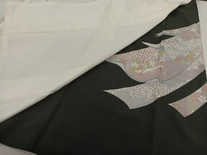 平和屋着物■豪華黒留袖　刺繍　扇面草花文　銀彩　正絹　逸品　CABK0205ua