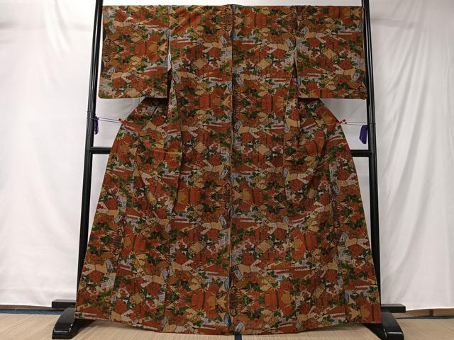 平和屋着物■上質な紬　切嵌草花文　正絹　逸品　CABK0225ua