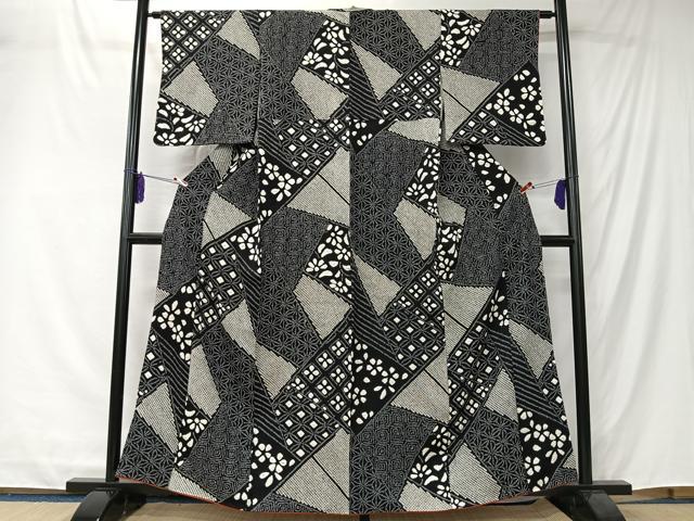 平和屋着物■上質な小紋　絞り　切嵌文様　黒地　正絹　逸品　CABK0230ua