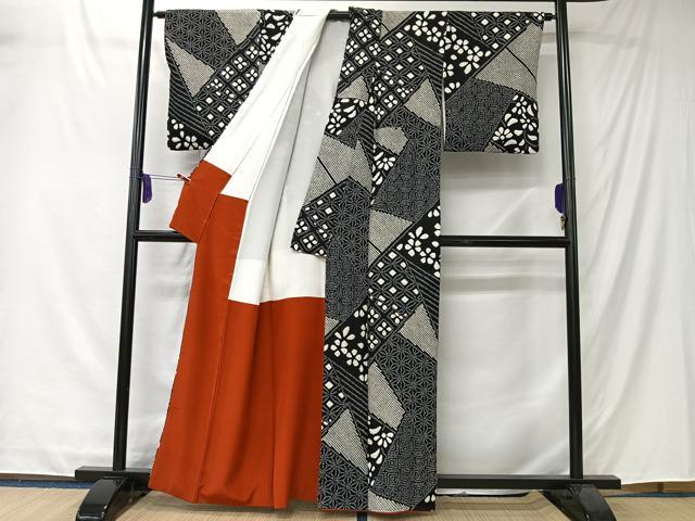 平和屋着物■上質な小紋　絞り　切嵌文様　黒地　正絹　逸品　CABK0230ua