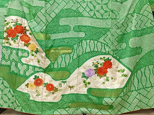 平和屋着物■豪華振袖　駒刺繍　絞り　遠山エ霞草花文　金彩　正絹　逸品　CABK0244ua