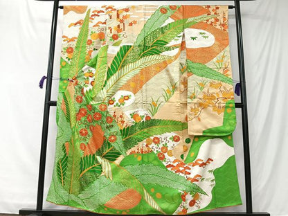 平和屋着物■豪華振袖　駒刺繍　草花文　金彩　正絹　逸品　CABK0251ua