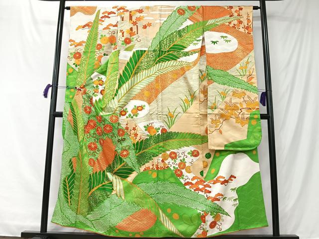 平和屋着物■豪華振袖　駒刺繍　草花文　金彩　正絹　逸品　CABK0251ua
