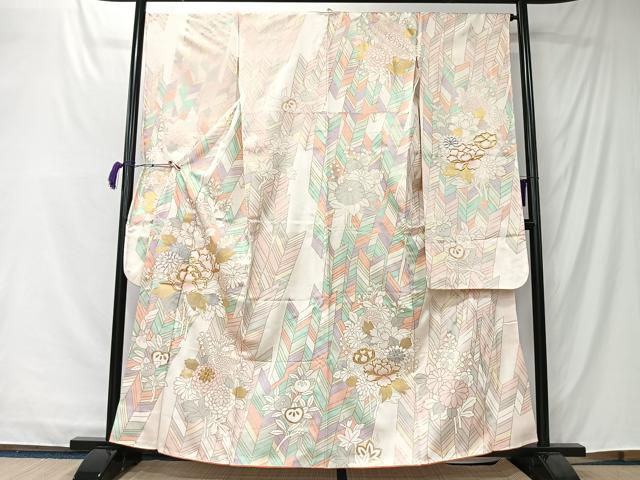 平和屋着物■豪華振袖　駒刺繍　矢羽草花文　金銀彩　正絹　逸品　CABK0252ua