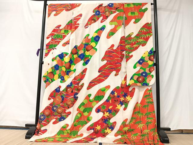 平和屋着物■豪華振袖　駒刺繍　草花文　金彩　正絹　逸品　CABK0262ua