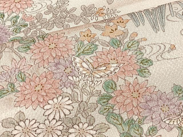 平和屋着物■上質な小紋　流水花蝶文　鬼しぼ縮緬　正絹　逸品　未使用　CABK0269ua
