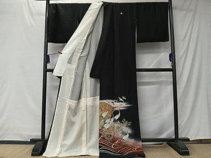 平和屋着物■豪華黒留袖　刺繍　飛鶴松文　暈し染め　金彩　正絹　逸品　CABK0272ua