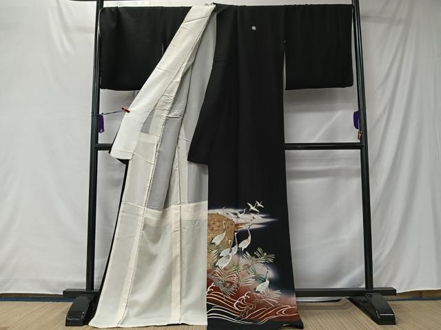平和屋着物■豪華黒留袖　刺繍　飛鶴松文　暈し染め　金彩　正絹　逸品　CABK0272ua