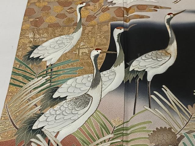 平和屋着物■豪華黒留袖　刺繍　飛鶴松文　暈し染め　金彩　正絹　逸品　CABK0272ua