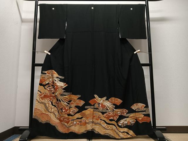 平和屋着物■豪華黒留袖　駒刺繍　流水地紙花鳥文　金彩　正絹　逸品　CABK0309ua