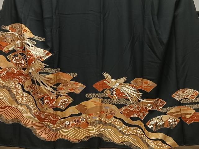平和屋着物■豪華黒留袖　駒刺繍　流水地紙花鳥文　金彩　正絹　逸品　CABK0309ua