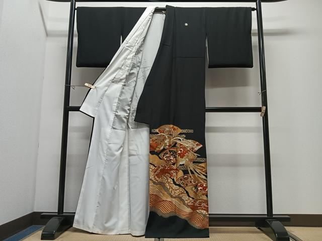 平和屋着物■豪華黒留袖　駒刺繍　流水地紙花鳥文　金彩　正絹　逸品　CABK0309ua