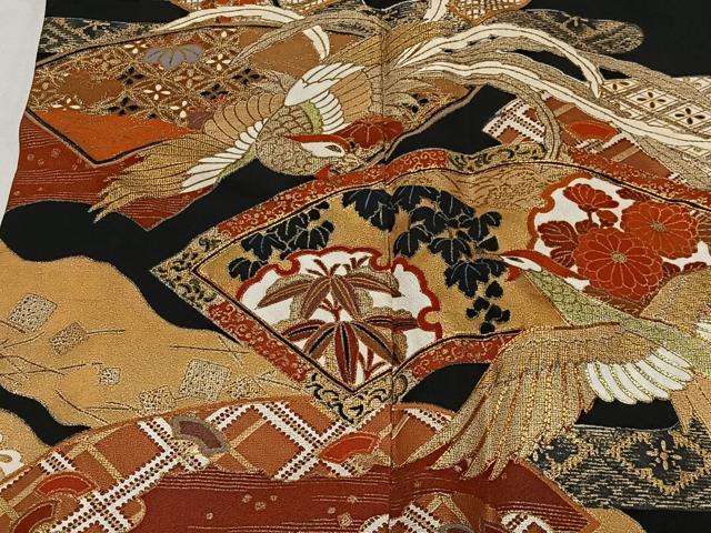 平和屋着物■豪華黒留袖　駒刺繍　流水地紙花鳥文　金彩　正絹　逸品　CABK0309ua