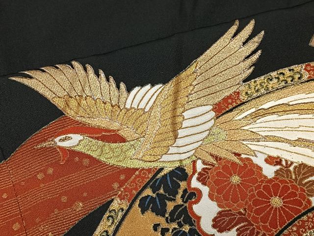 平和屋着物■豪華黒留袖　駒刺繍　流水地紙花鳥文　金彩　正絹　逸品　CABK0309ua