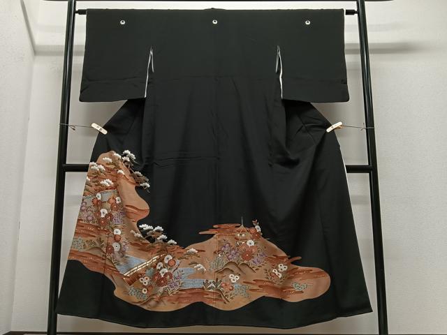 平和屋着物■豪華黒留袖　駒刺繍　エ霞風景草花文　金彩　正絹　逸品　CABK0318ua
