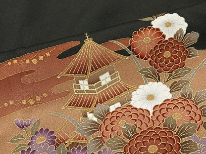平和屋着物■豪華黒留袖　駒刺繍　エ霞風景草花文　金彩　正絹　逸品　CABK0318ua