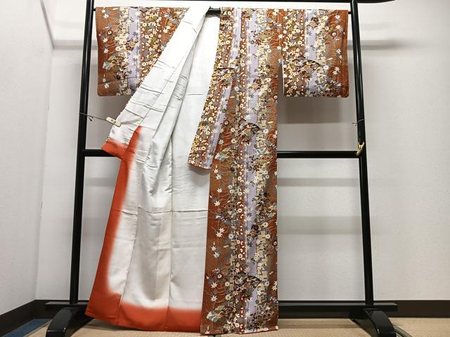 平和屋着物■上質な小紋　扇面草花間道　金彩　正絹　逸品　未使用　CABK0319ua