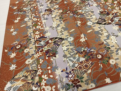 平和屋着物■上質な小紋　扇面草花間道　金彩　正絹　逸品　未使用　CABK0319ua