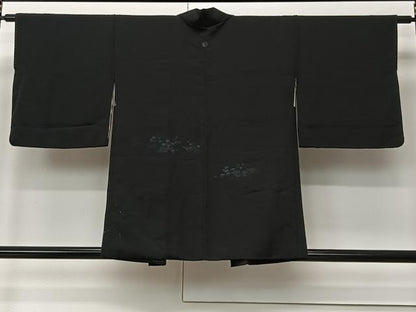 平和屋着物＃羽織 寿光織 流水草花文 黒地 銀糸 正絹 逸品 CABK0342ua
