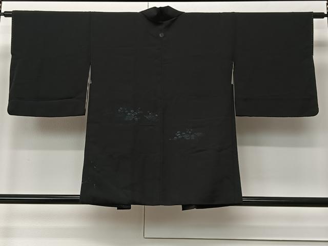 平和屋着物＃羽織 寿光織 流水草花文 黒地 銀糸 正絹 逸品 CABK0342ua