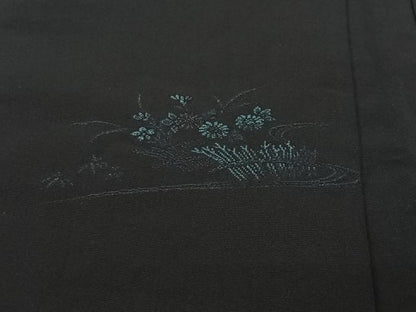 平和屋着物＃羽織 寿光織 流水草花文 黒地 銀糸 正絹 逸品 CABK0342ua