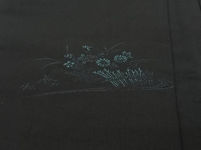 平和屋着物＃羽織 寿光織 流水草花文 黒地 銀糸 正絹 逸品 CABK0342ua