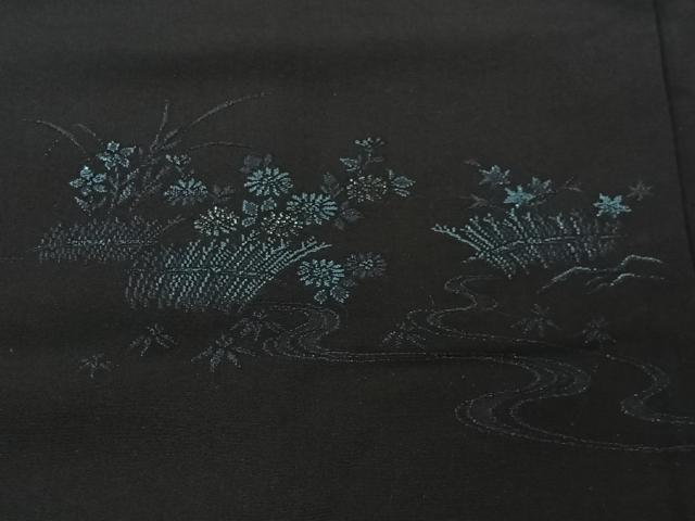 平和屋着物＃羽織 寿光織 流水草花文 黒地 銀糸 正絹 逸品 CABK0342ua