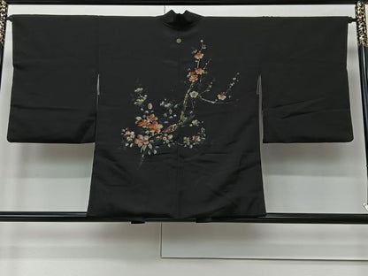 平和屋着物＃羽織 寿光織 枝花文 黒地 金銀糸 正絹 逸品 CABK0343ua