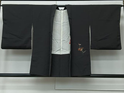 平和屋着物＃羽織 寿光織 枝花文 黒地 金銀糸 正絹 逸品 CABK0343ua