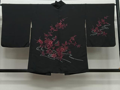 平和屋着物＃羽織 総刺繍 絞り 流水枝花文 黒地 正絹 逸品 CABK0370ua