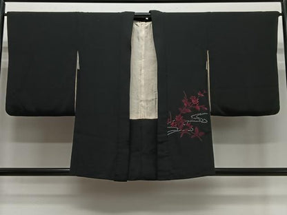 平和屋着物＃羽織 総刺繍 絞り 流水枝花文 黒地 正絹 逸品 CABK0370ua
