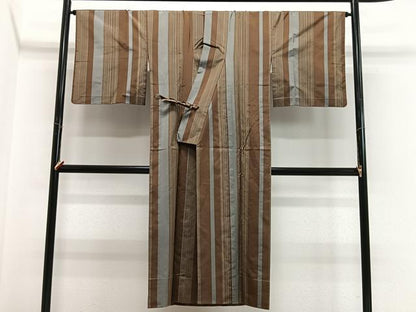 平和屋着物＃本場縞大島紬　道中着　縞　ロング丈　正絹　逸品　CABK0383ua