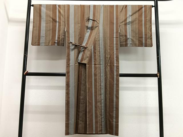 平和屋着物＃本場縞大島紬　道中着　縞　ロング丈　正絹　逸品　CABK0383ua