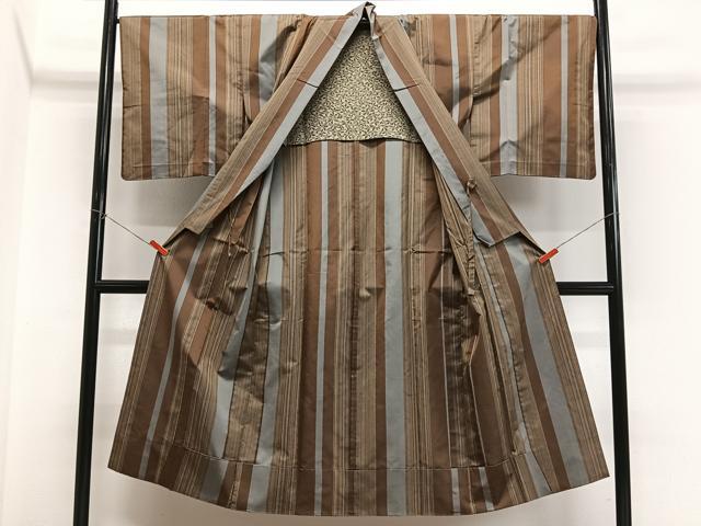 平和屋着物＃本場縞大島紬　道中着　縞　ロング丈　正絹　逸品　CABK0383ua