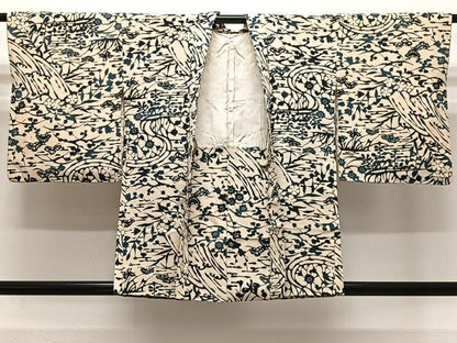 平和屋着物＃羽織　型染め　流水草花文　正絹　逸品　CABK0388ua