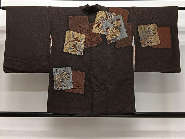 平和屋着物＃羽織　寿光織　色紙重ね草花文　黒地　金銀糸　正絹　逸品　CABK0389ua