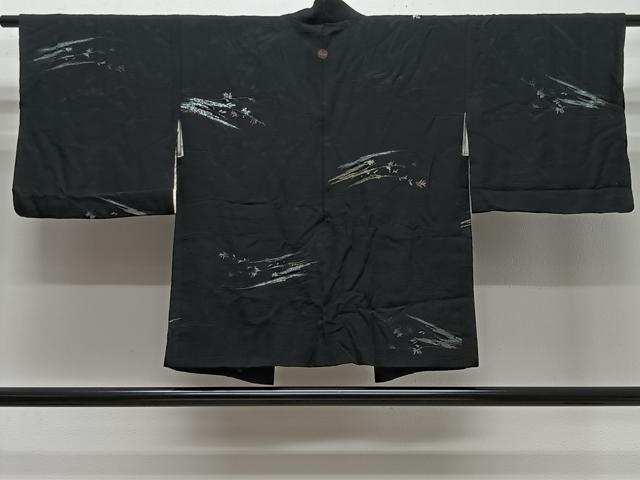 平和屋着物＃羽織　寿光織　草葉文　黒地　金銀糸　正絹　逸品　CABK0391ua