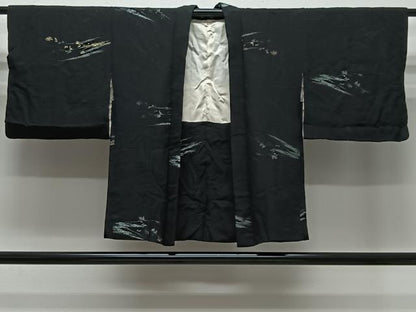 平和屋着物＃羽織　寿光織　草葉文　黒地　金銀糸　正絹　逸品　CABK0391ua