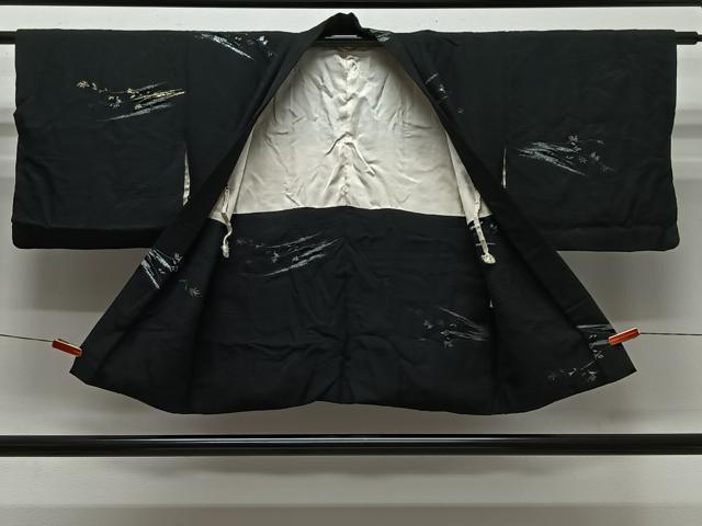 平和屋着物＃羽織　寿光織　草葉文　黒地　金銀糸　正絹　逸品　CABK0391ua
