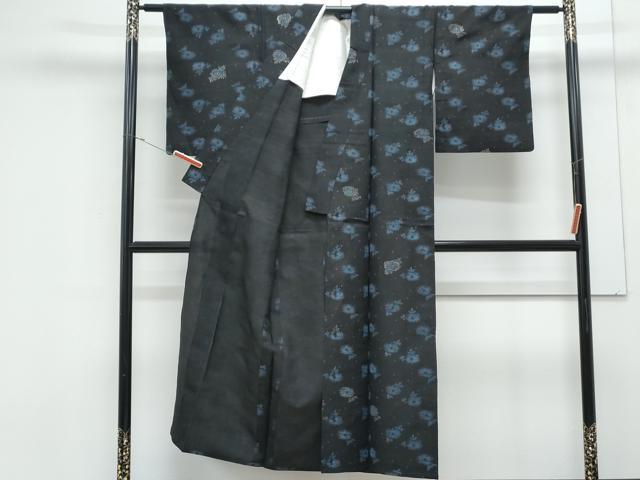 平和屋着物＊夏物　紗紬　草花文　黒地　金彩　正絹　逸品　CABK0419th