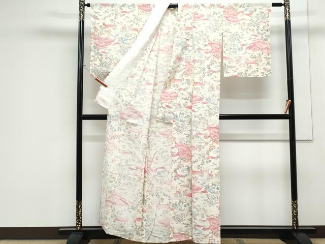 平和屋着物＊夏物　小紋　絽　流水風景草花文　正絹　逸品　CABK0427th