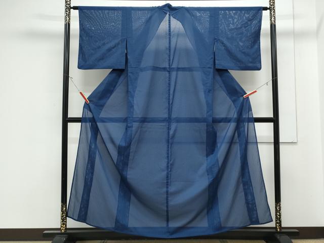 平和屋着物＊夏物　色無地　絽　縞紋紗　紺青色　洗える着物　CABK0451th