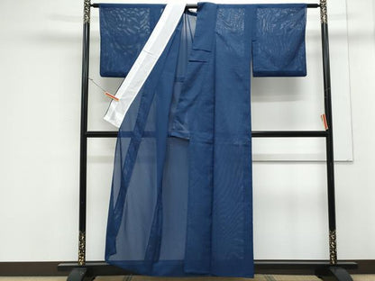平和屋着物＊夏物　色無地　絽　縞紋紗　紺青色　洗える着物　CABK0451th