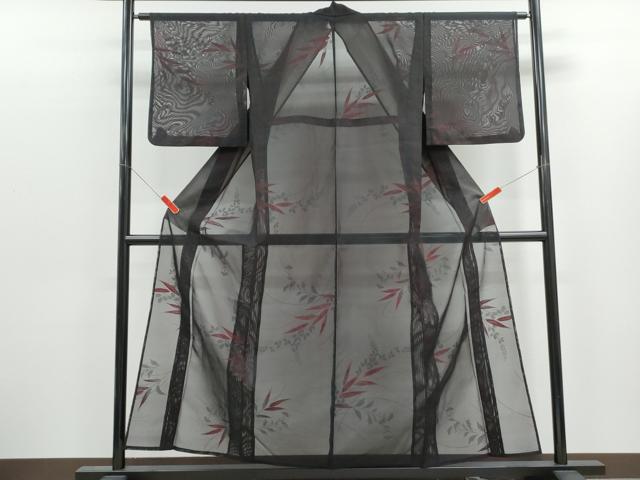 平和屋着物＊夏物　小紋　紗　草葉文　黒地　正絹　逸品　CABK0469th
