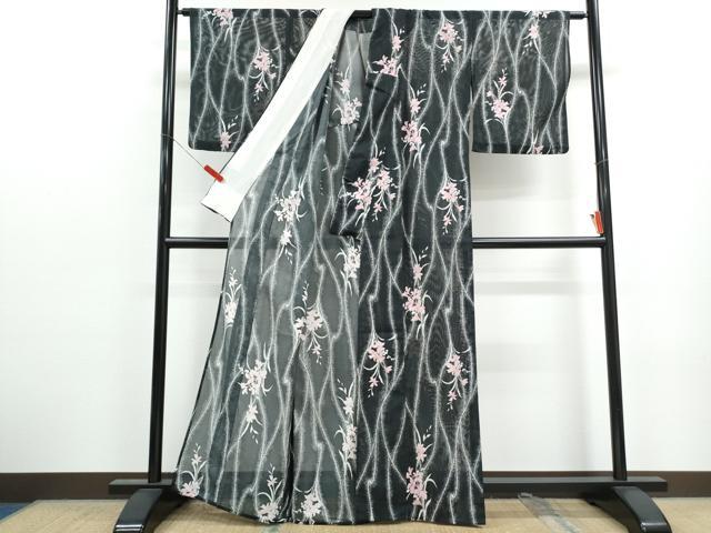 平和屋着物＊夏物　小紋　絽　草花文　黒地　洗える着物　CABK0475th