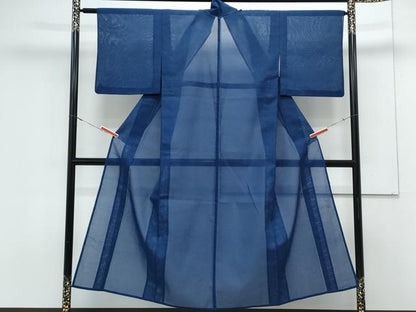 平和屋着物＊夏物　色無地　芝草紋紗　紺藍色　洗える着物　CABK0481th