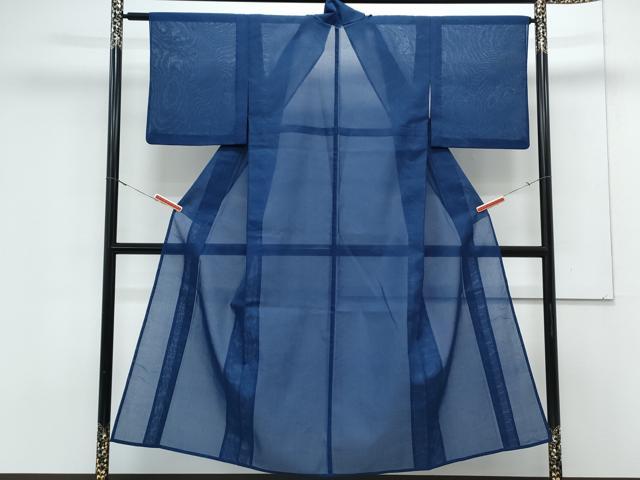 平和屋着物＊夏物　色無地　芝草紋紗　紺藍色　洗える着物　CABK0481th